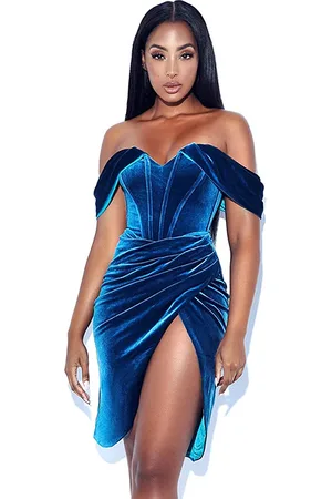 LULU & SKY Blue Off-Shoulder Gathered Detailed Bodycon Dress