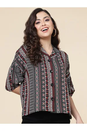 DressBerry Maroon Ethnic Motifs Printed Crepe Shirt Style Top