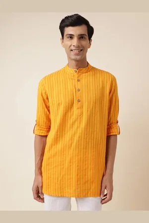Fabindia Striped Band Collar Cotton Short Kurta