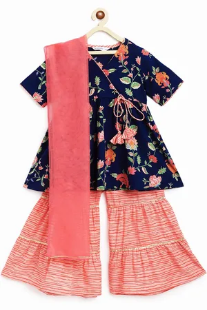 Campana Girls Floral Printed Angrakha Kurta with Sharara & With Dupatta