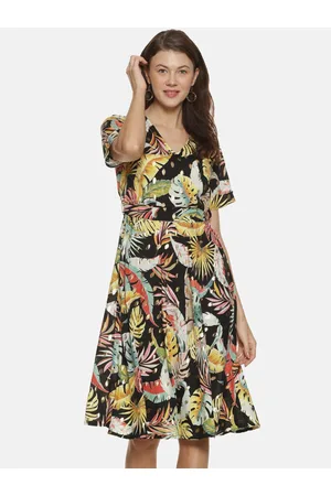 Campus Floral Printed V-Neck Gathered A-Line Dress