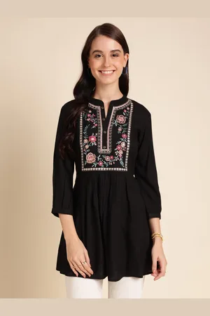 HERE&NOW Women Floral Embroidered Mandarin Collar Tunic