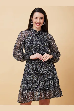 Globus Abstract Printed Shirt Collar Puff Sleeves Fit & Flare Dress