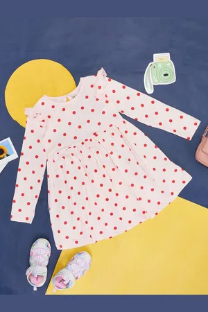 Pantaloons Girls Polka Dots Printed Ruffles Cotton Fit & Flare Dress