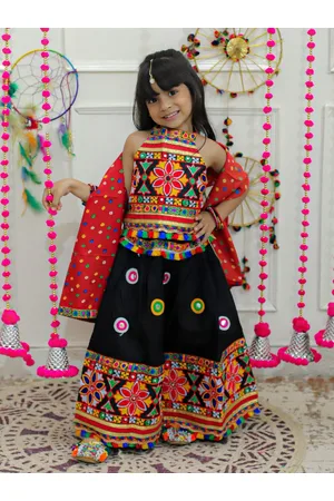 BownBee Girls Embroidered Thread Work Cotton Ready to Wear Lehenga & Blouse With Dupatta
