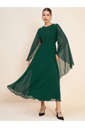 Antheaa Green Slit Sleeves Embellished Detail Maxi Dress