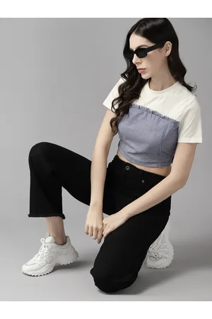 Roadster The Lifestyle Co. Checked Tie-Up Detail Crop T-shirt