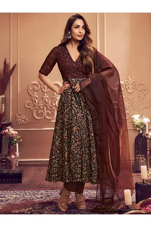 Inddus Floral Printed V-Neck Thread and Sequins Embroidered A-Line Kurta Set With Dupatta
