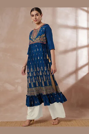 SWAGG INDIA Ethnic Motifs Printed Thread Work Pleated A-Line Kurta