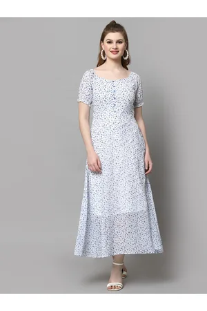 Aayu Blue Floral Printed Puff Sleeves Fit & Flare Dress