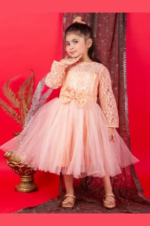 Bella Moda Girls Self Designed Long Sleeves Satin Fit & Flare Midi Dress