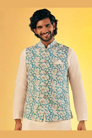 KISAH Printed Pure Cotton Nehru Jacket With Pocket Square