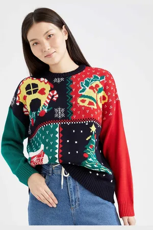 DeFacto Women Navy Blue & Green Printed Pullover
