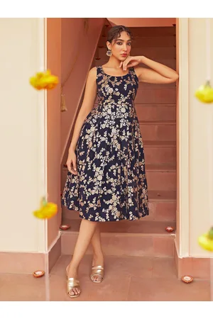 Janasya Navy Blue Floral Woven Design Fit & Flare Midi Dress