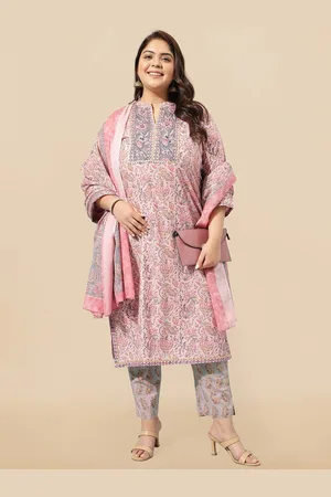 Mirchi Fashion Plus Size Pink Printed Straight Pure Cotton Kurta & Trousers With Dupatta