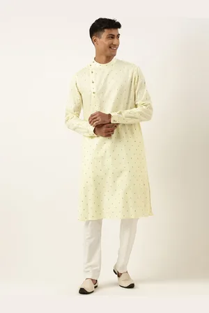 TheEthnic.Co Woven Design Band Collar Angrakha Pure Cotton Kurta with Pyjamas