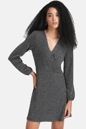 Kazo Women Grey & Black Striped Dress