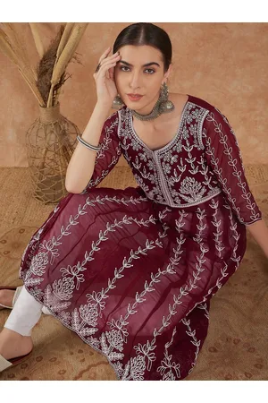 Sangria Floral Embroidered Georgette A-Line Kurta