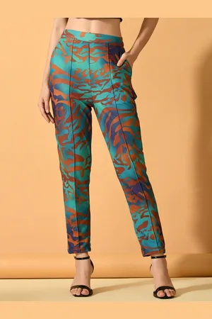 Myshka Women Abstract Printed Comfort Slim Fit Mid-Rise Wrinkle Free Cigarette Trousers