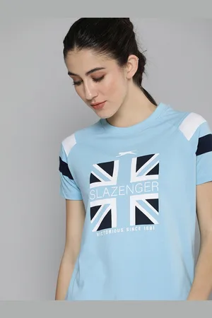 Slazenger Women Sky Blue & White Brand Logo Printed Pure Cotton T-shirt