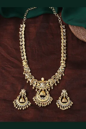 ESTELE Gold Plated CZ Floral Designer Bridal Necklace Set for Women