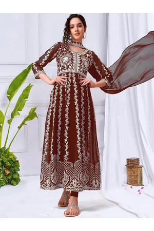 HERE&NOW Thread Work Georgette Anarkali Kurta With Dupatta