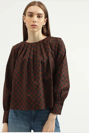 Benetton Checked Raglan Sleeves Cotton Top