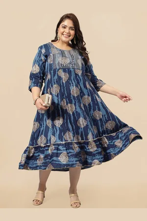 Mirchi Fashion Plus Size Blue Ethnic Motifs Printed Embellished Cotton Empire Ethnic Dress