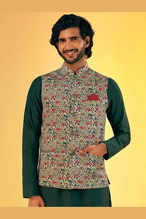 KISAH Printed Nehru Jacket With Pocket Square