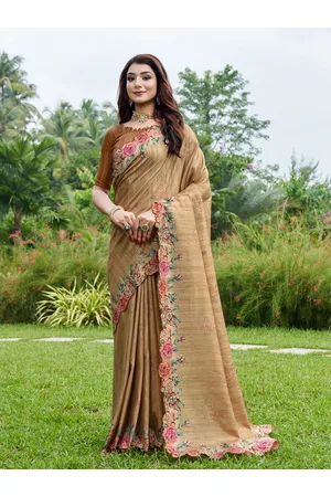 Mitera Beige & Green Floral Printed Pure Silk Saree