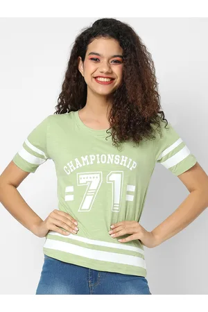 Campus Women Green & White Print Pure Cotton T-Shirt