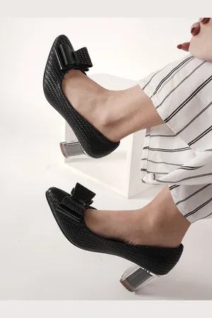 DressBerry Black Textured Bow Detail Block Heel Pumps