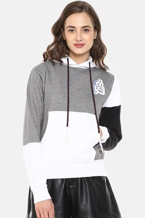 Campus Women Grey & White Colourblocked Hooded Sweatshirt