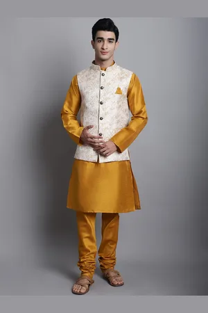 Armaan Ethnic Band Collar Long Sleeves Dupion Silk Kurta With Churidar & Nehru jacket