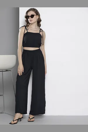 Boohoo Textured Detail Tie-Up Neck Crop Top & Wide Leg Trouser Set