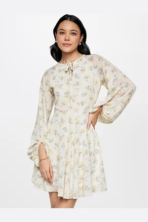 AND Floral Print Tie-Up Neck Puff Sleeve Fit & Flare Dress