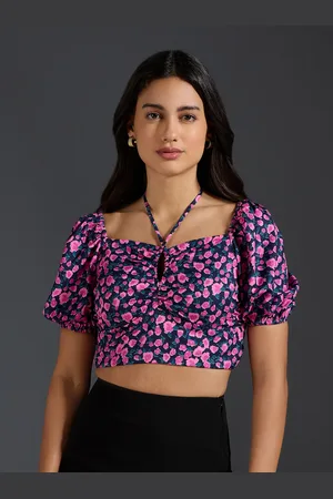 20Dresses Black Floral Printed Tie-Up Neck Puff Sleeve Smocked Crop Top