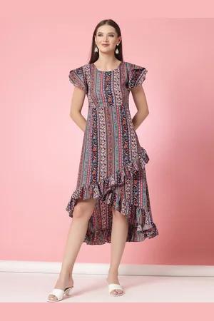 OOMPH Ethnic Motif Printed Flutter Sleeve Ruffled A-Line Midi Dress