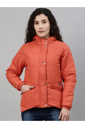 Campus Women Rust Orange Solid Hooded Puffer Jacket