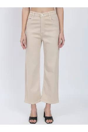 AngelFab Women Beige Jean Straight Fit High-Rise Stretchable Cotton Jeans