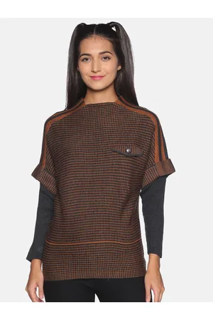 Campus Women Brown Cable Knit Printed Pullover