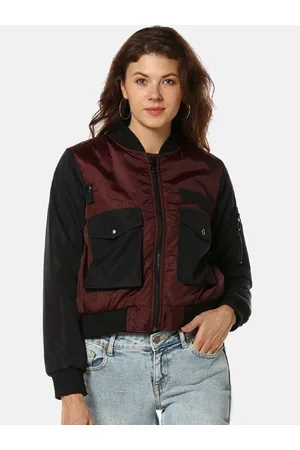 Campus Women Red & Black Checked Windcheater Crop Bomber Jacket