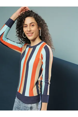 Campus Women Orange & Blue Striped Pullover