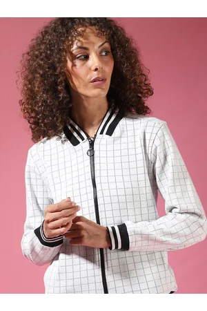 Campus Women White & Black Checked Windcheater Bomber Jacket