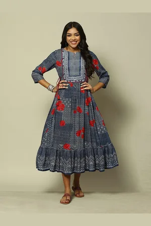 Rangriti Ethnic Motifs Printed Gathered Detailed Fit & Flare Midi Ethnic Dress