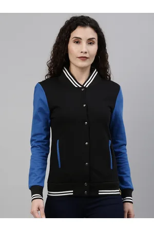Campus Women Black Solid Varsity Jacket with Contrast Sleeves