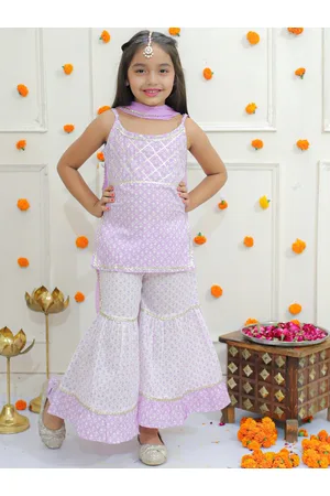 Ka-mee Girls Ethnic Motifs Printed Gotta Patti Pure Cotton Kurti with Sharara & Dupatta