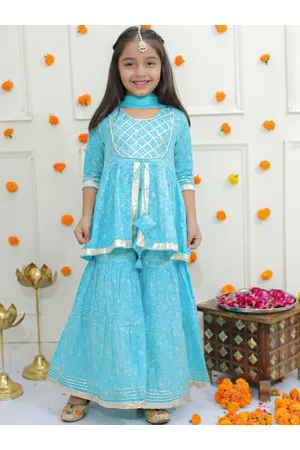 Ka-mee Girls Bandhani Printed Empire Pure Cotton Kurti with Sharara & Dupatta