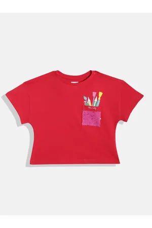 Allen Solly Girls Cotton Flip Sequin Pocket Detail Drop-Shoulder Crop Boxy T-shirt