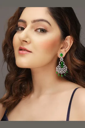 AQUASTREET Silver-Plated AD Studded Crystal Contemporary Chandbali Earrings